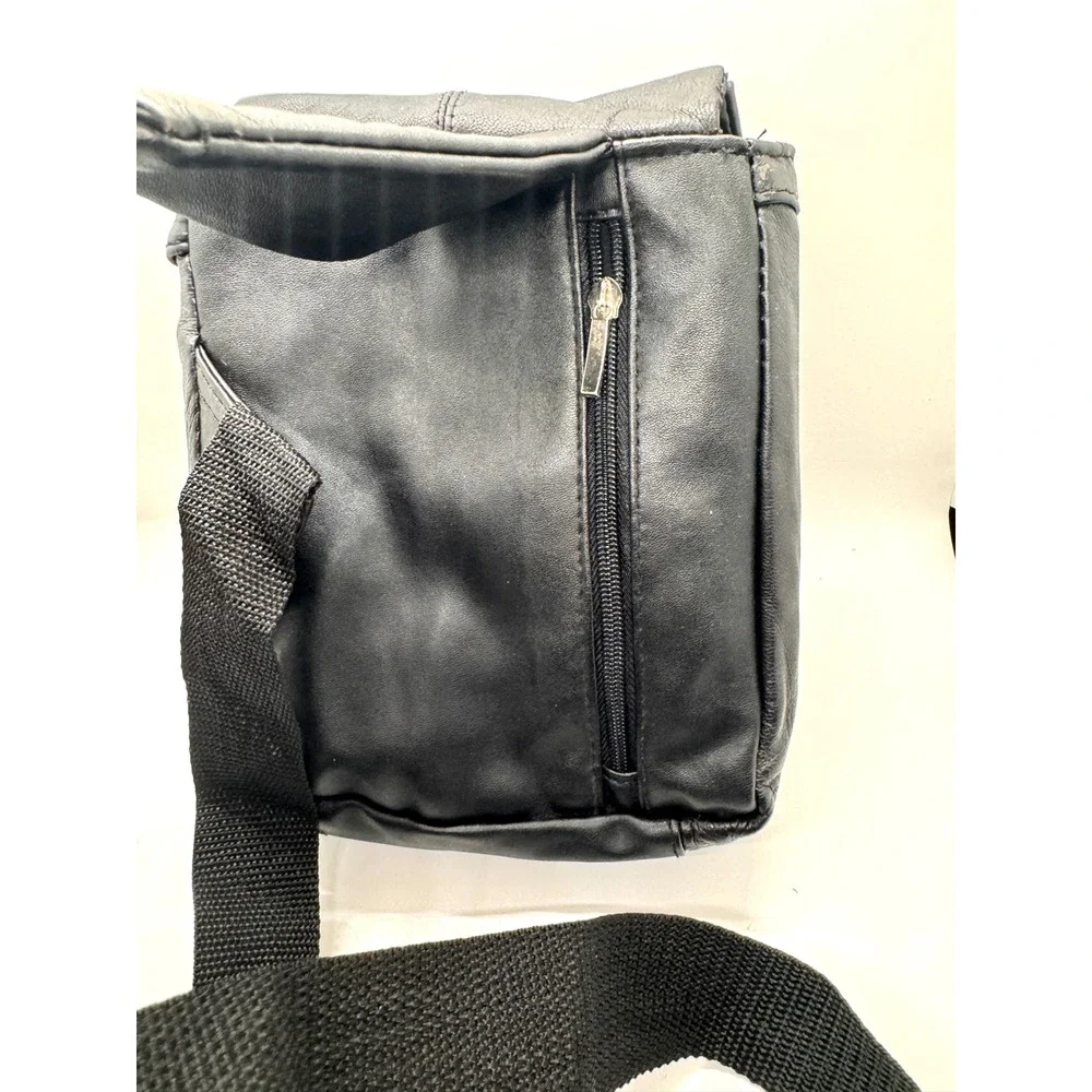Black Leather Crossbody Sling Bag Multi Pocket Utility Messenger Travel Bag